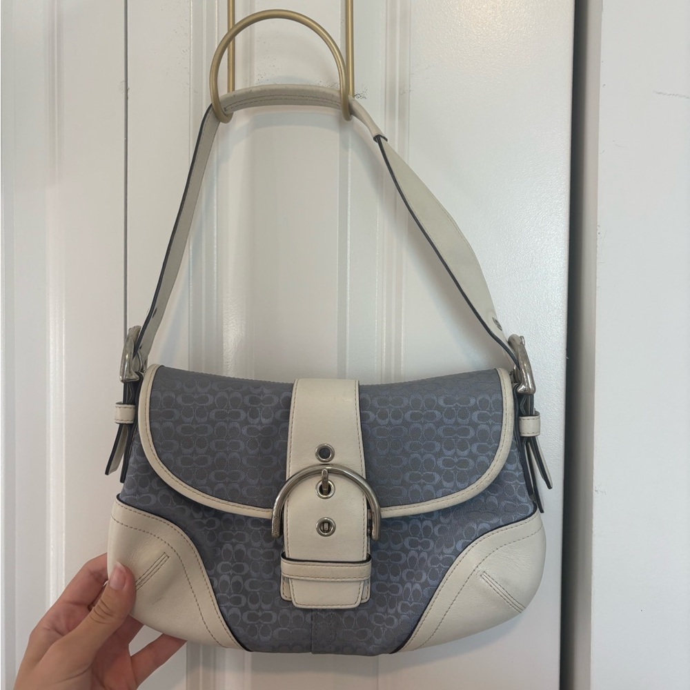 Coach Gray Signature Canvas and Cream Leather Shoulder Bag